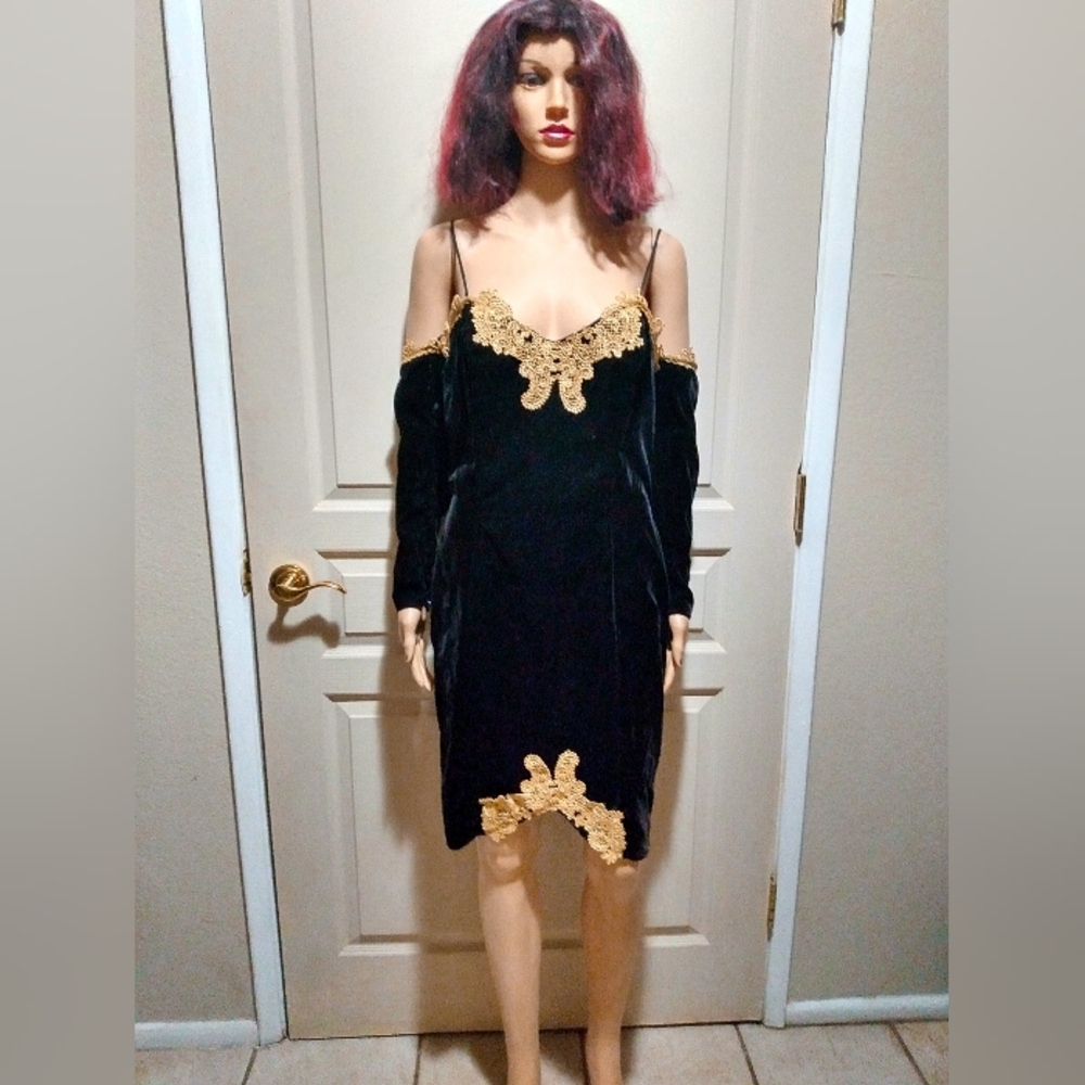 Vintage 90's Black Velvet Gold Embroidered Dress with Detachable Sleeves.